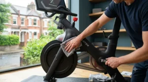 A close-up shot showing the proper way to wipe down and maintain an exercise bike after a workout.