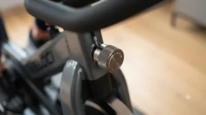 Close-up of the manual resistance dial on an indoor cycling bike showing tension adjustments.