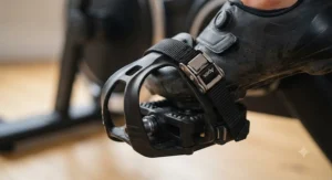 Close-up of durable caged pedals with adjustable straps on a spin bike, suitable for standard trainers.
