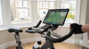 A digital display monitor on an indoor cycling bike tracking speed, time, and distance.