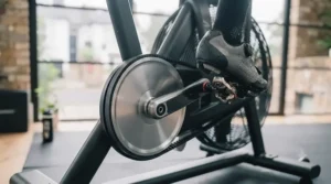 Cyclist focusing on lower body endurance training on a spin bike