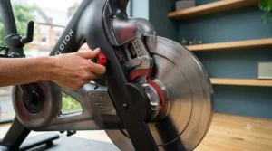 Detailed view of a silent magnetic resistance system on a premium home exercise bike.