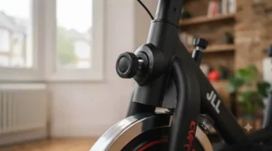 LCD monitor displaying speed and distance on a home spin bike.