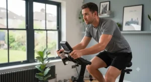A man maintaining a steady pace on an exercise bike during a morning cardio session at home.