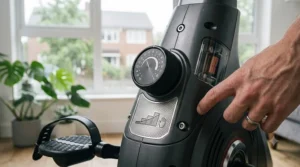 Close-up of the resistance adjustment knob on an upright exercise bike for varying intensity levels.