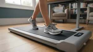 Close-up of a person wearing trainers walking on a home treadmill pad