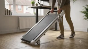 A lightweight walking pad with integrated wheels being moved across a home office floor.