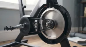 Smooth, whisper-quiet flywheel mechanism on a spin bike, perfect for low-noise home training sessions.