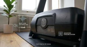 A view of the whisper-quiet motor housing on a high-performance smart treadmill, ideal for noise-conscious home exercise.