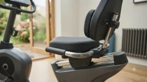 Close-up of the ergonomic, lumbar-support seat on a recumbent exercise bike.