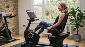 Recumbent exercise bike showing lumbar back support for improved comfort.