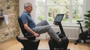 Using a recumbent exercise bike for low-impact joint-friendly rehabilitation.
