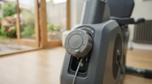 Close-up of the manual resistance adjustment knob on a recumbent bike frame.