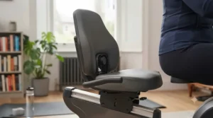 A close-up of a recumbent bike seat showing adjustable lumbar support for spinal alignment.