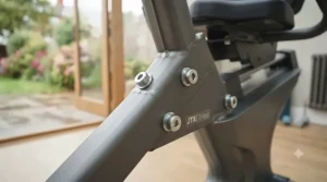 High-quality steel frame base of a recumbent exercise bike for home use.