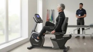 A person performing low-impact exercise on a recumbent bike as part of a physiotherapy programme.