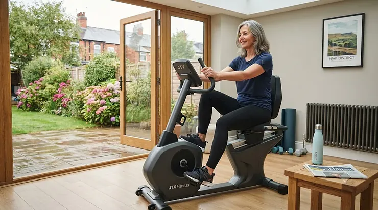 Side view of a black recumbent exercise bike with an adjustable padded seat. recumbent exercise bike