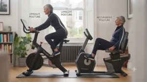 An illustration comparing the seated position of a recumbent bike versus a standard upright bike.