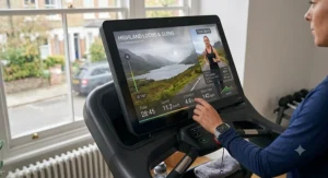 Close-up of a high-definition treadmill console showing interactive training programmes and real-time heart rate data.