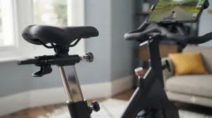Close-up of an adjustable seat and handlebars on a spin bike, ensuring a comfortable fit for home exercise.