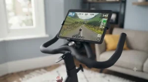 Digital console on a spin bike displaying workout metrics like heart rate and distance for home fitness tracking.