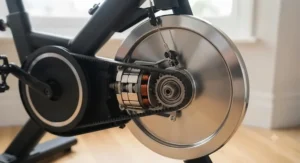 Close-up of the quiet magnetic resistance flywheel and protective casing on a high-quality home spin bike.