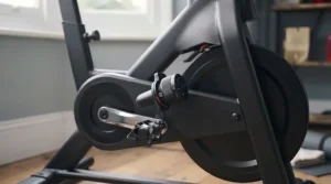 Manual resistance control knob on a home spin bike, allowing for customisable workout intensity.