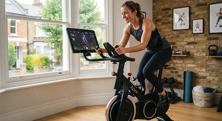 A modern spin bike with an integrated touchscreen display set up in a bright, contemporary UK home gym. spin bike with screen