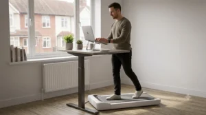 A person walking on an under-desk treadmill to hit daily step goals during a rainy UK afternoon.