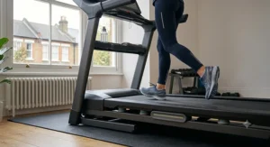 Detail view of the cushioned running deck on a smart treadmill, designed to reduce joint impact during indoor runs.