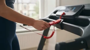 Safety key and emergency stop clip attached to a foldable running machine.