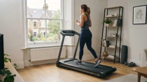 A stylish folding treadmill positioned in a corner of a compact living room.