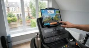 Tablet mounted on a treadmill holder displaying a virtual running app.