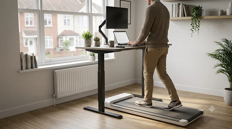 A person working at a height-adjustable standing desk while using an under-desk treadmill. walking pad vs under desk treadmill
