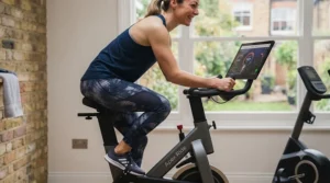 Correct posture and ergonomic positioning on an upright exercise bike.