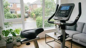 Close-up of the upright exercise bike console showing fitness tracking metrics and training programmes.