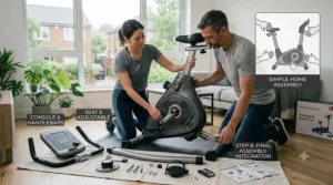 A clear illustration of the upright exercise bike parts laid out during simple home assembly.