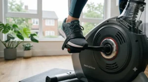 Close-up of the textured pedals and adjustable straps on an upright exercise bike for secure footing.