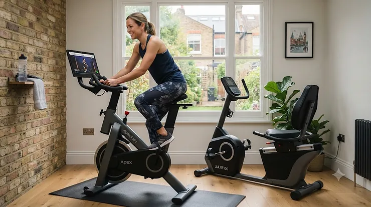 Side-by-side comparison of an upright vs recumbent exercise bike for home fitness. upright vs recumbent exercise bike