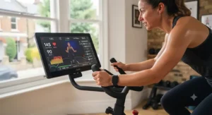 A person following an interactive fitness programme on their spin bike screen during a home cardio workout.