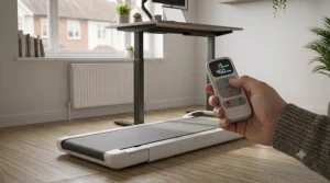 Hand holding a wireless remote control for a walking pad, displaying speed and step count.