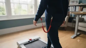 Safety clip attached to clothing while using a walking pad for exercise