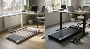 A side-by-side comparison of a compact walking pad and a full-size under-desk treadmill in a modern home office.