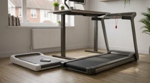 A comparison of the wider running belt on a treadmill versus a slim walking pad belt.