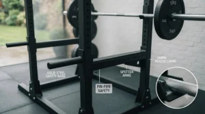 Adjustable J-cups positioned at the correct height on a squat rack upright ready for a barbell workout.