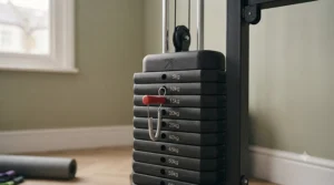 Close-up of the adjustable resistance weight stack on a compact multi gym for small spaces, highlighting individual pin selections.
