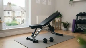 Adjustable weight bench set to an incline position for upper body dumbbell exercises.