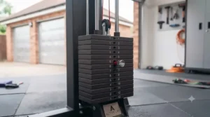 Numbered pin-selected weight stacks on an all-in-one gym station for home resistance training.