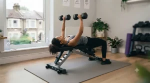 Beginner demonstrating proper form while performing a dumbbell bench press.