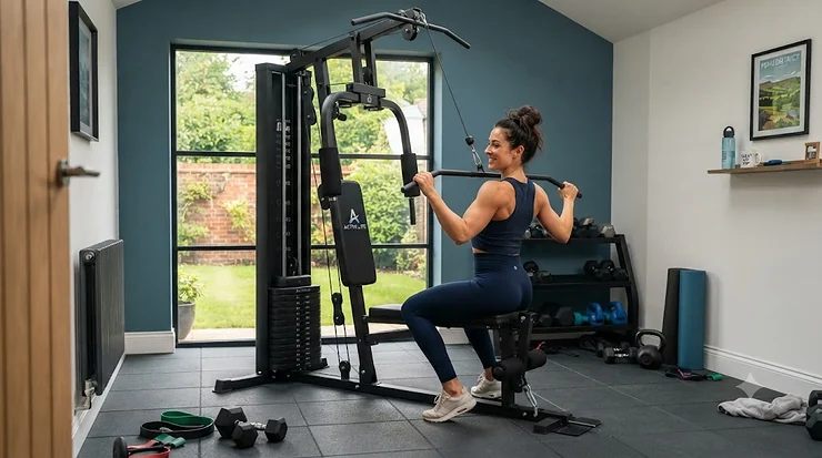A compact all-in-one gym station for home use installed in a modern British living space, featuring multi-gym weight stacks. all-in-one gym station for home